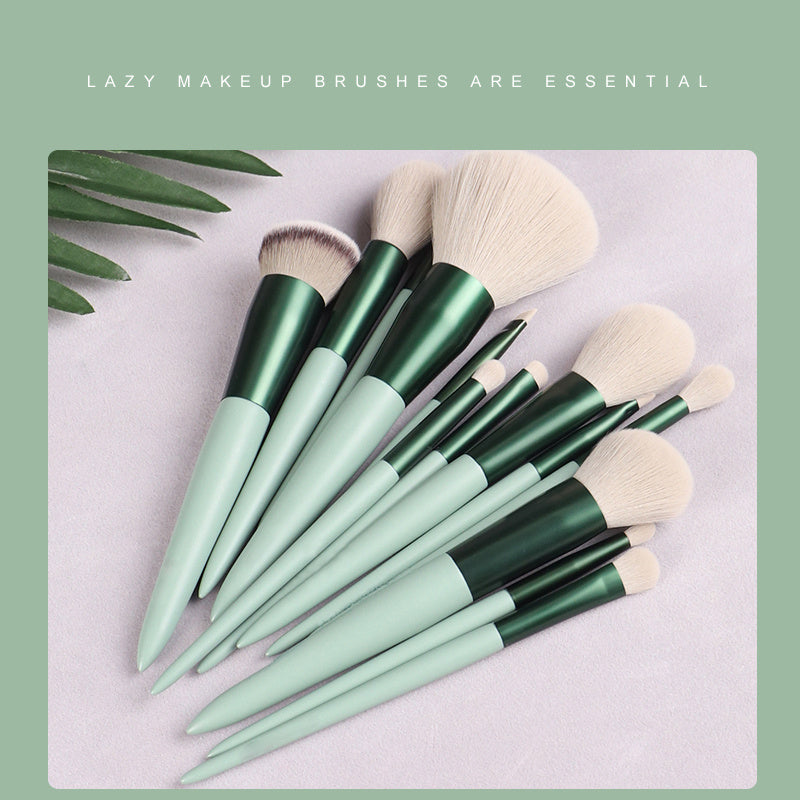 JMT-880650 13-Piece Green Makeup Brush Set with Foundation and Eye Brushes - Fiber Wool and Solid Wood Design