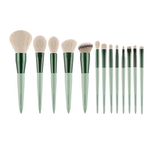 JMT-880650 13-Piece Green Makeup Brush Set with Foundation and Eye Brushes - Fiber Wool and Solid Wood Design