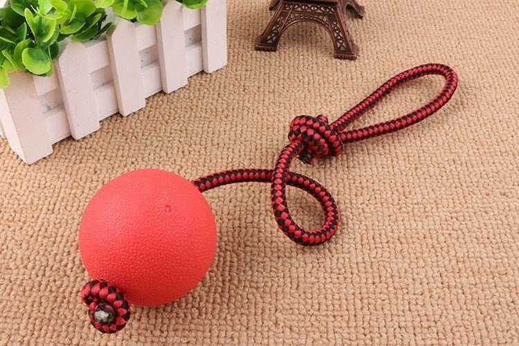 JMT-881674 Durable Rubber Dog Ball with Rope - Indestructible Chew Toy for Puppies and Pets, Available in Multiple Sizes