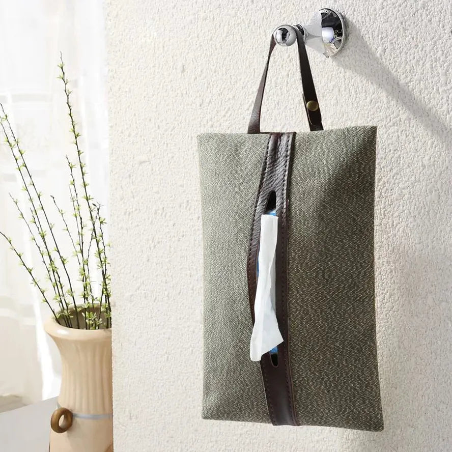 JMT-882570 Retro Canvas Paper Towel Cover with Detachable Bag for Car Seat Storage