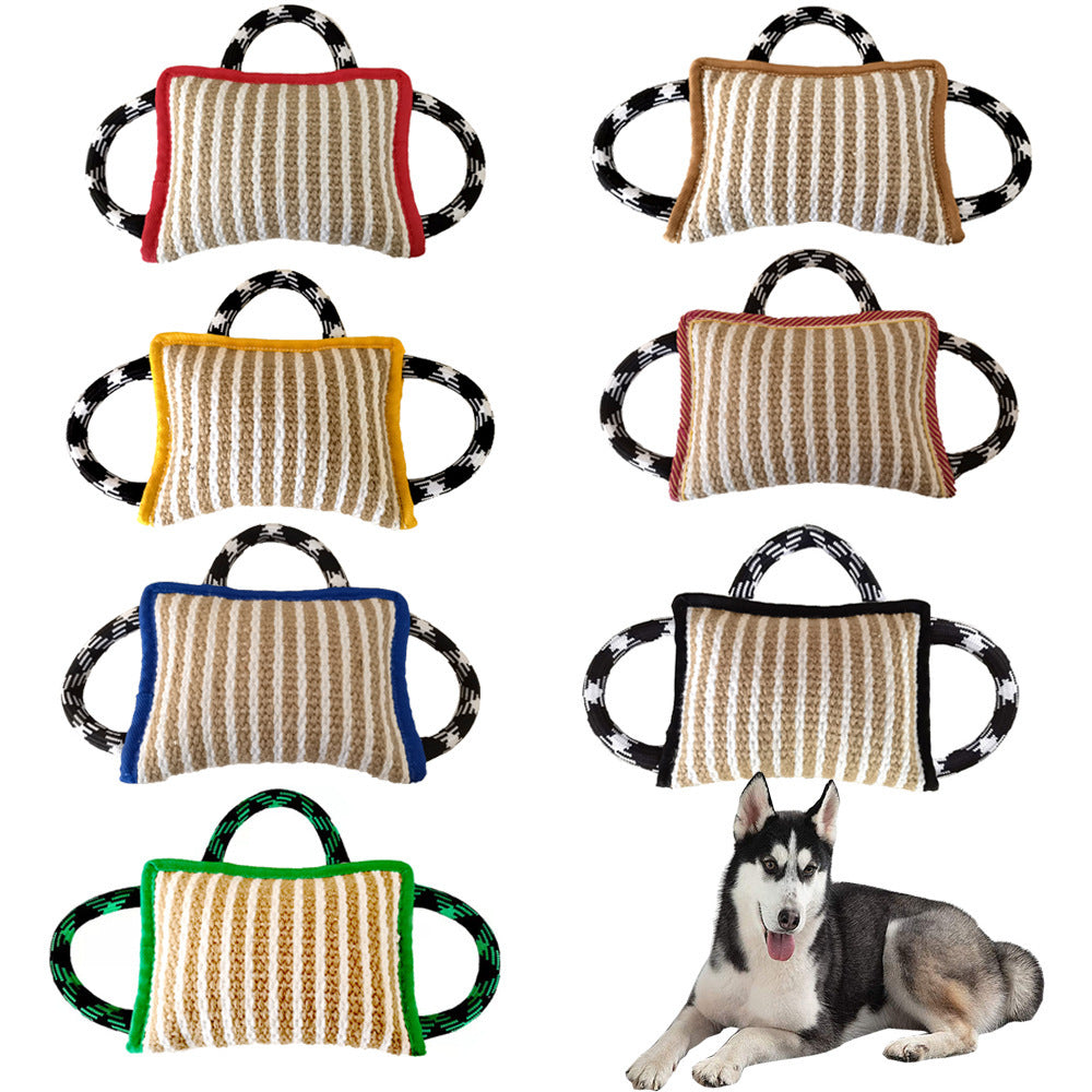 JMT-883018 Interactive Dog Jute Bite Pillow with 3 Handles for Tug-of-War Play and Training, Medium to Large Dogs