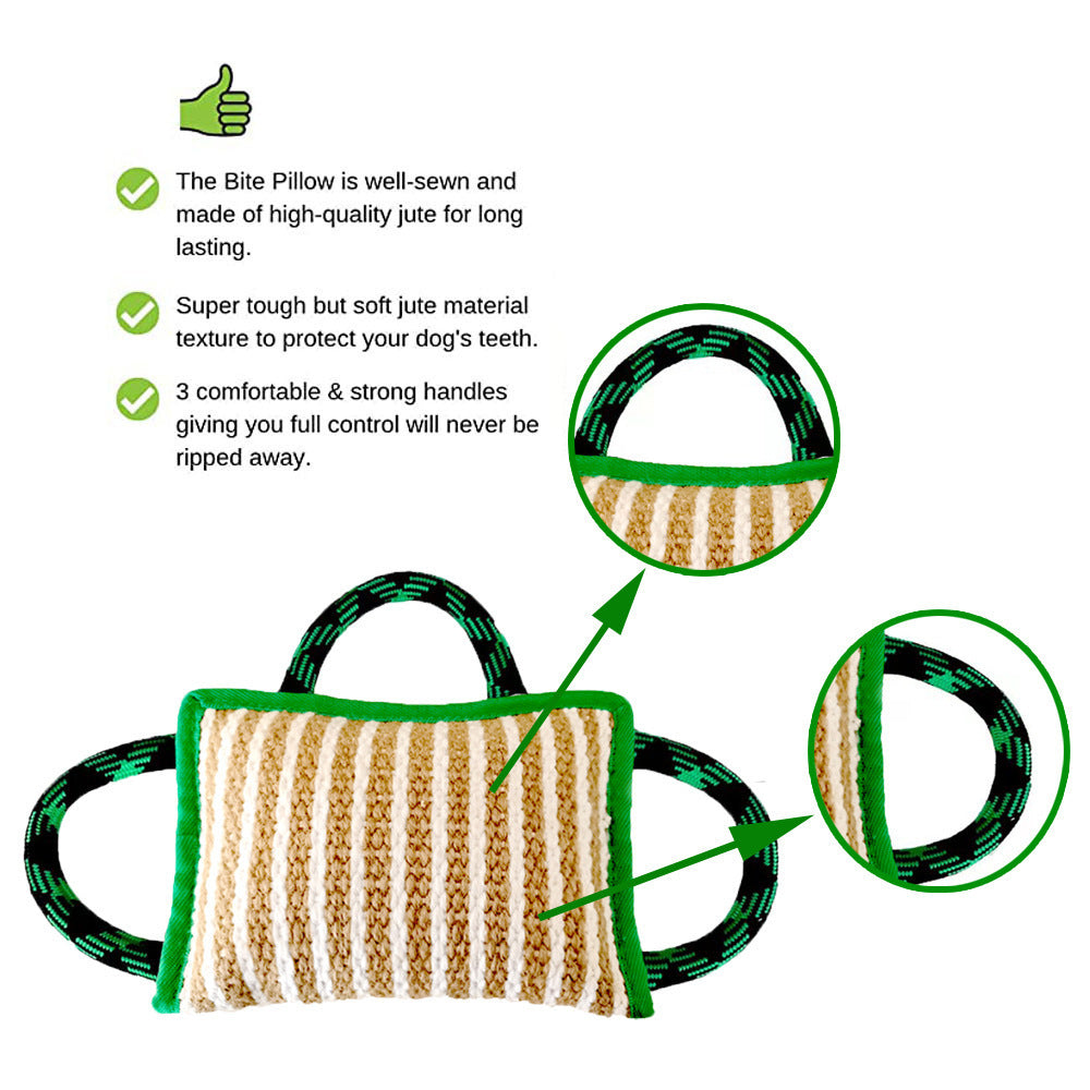 JMT-883018 Interactive Dog Jute Bite Pillow with 3 Handles for Tug-of-War Play and Training, Medium to Large Dogs