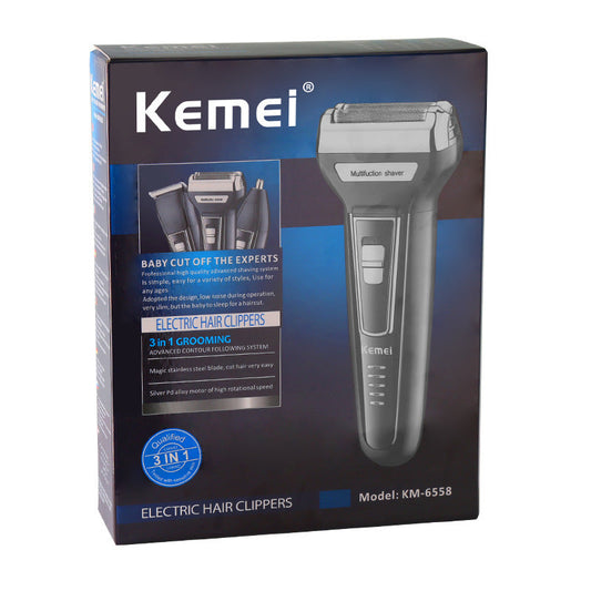 JMT-886218 Electric Shaver Set with Nose Hair Trimmer and Cleaning Accessories - Black, Rechargeable, Compact Design