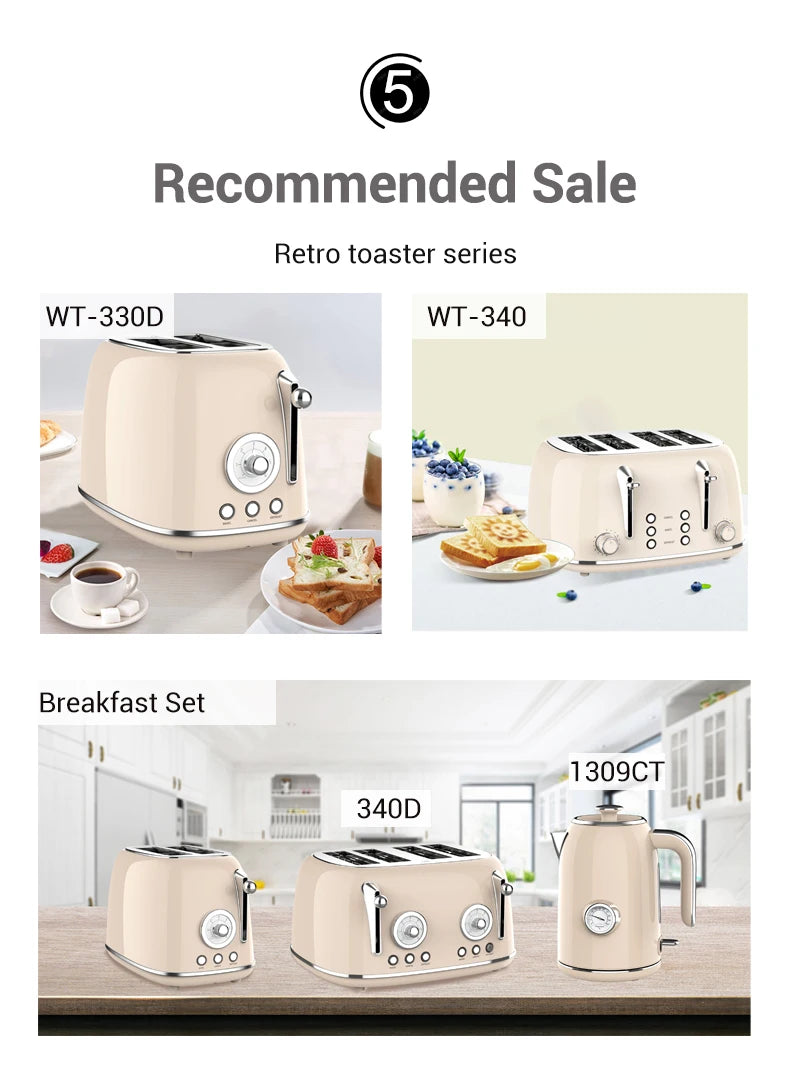 JMT-887946 Stainless Steel Retro 2-Slice Bread Toaster for Perfect Breakfast Toasts