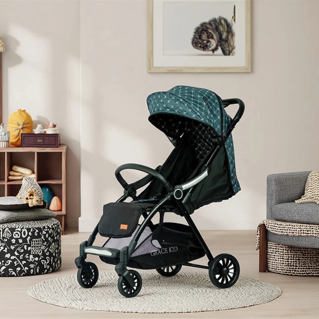 JMT-889290 Quilted Green Baby Stroller with EVA Wheels, Footrests, and Cup Holder