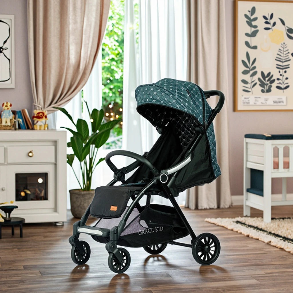 JMT-889290 Quilted Green Baby Stroller with EVA Wheels, Footrests, and Cup Holder