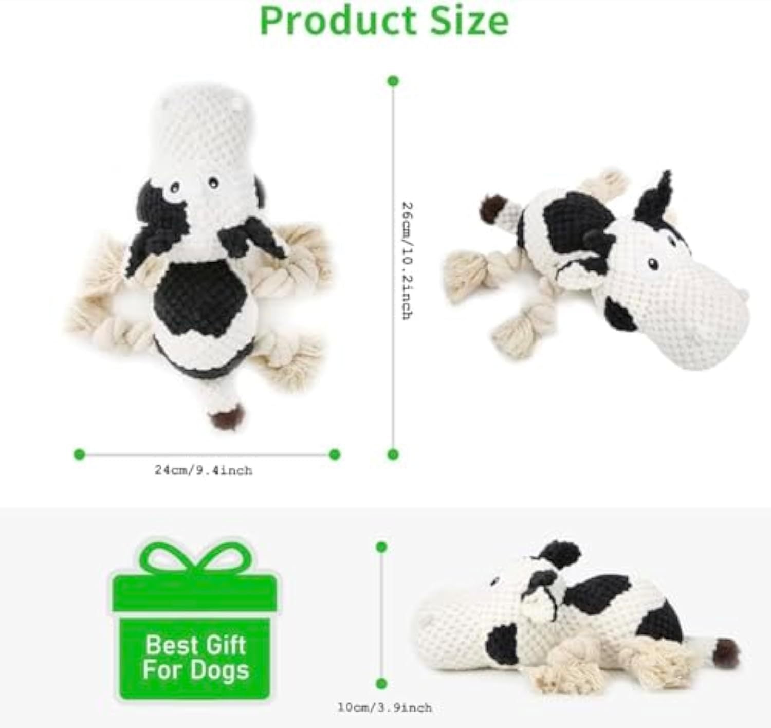 JMT-889418 Durable Cow Plush Dog Toy with Squeaker – Interactive Chew Toy for Small, Medium, and Large Dogs