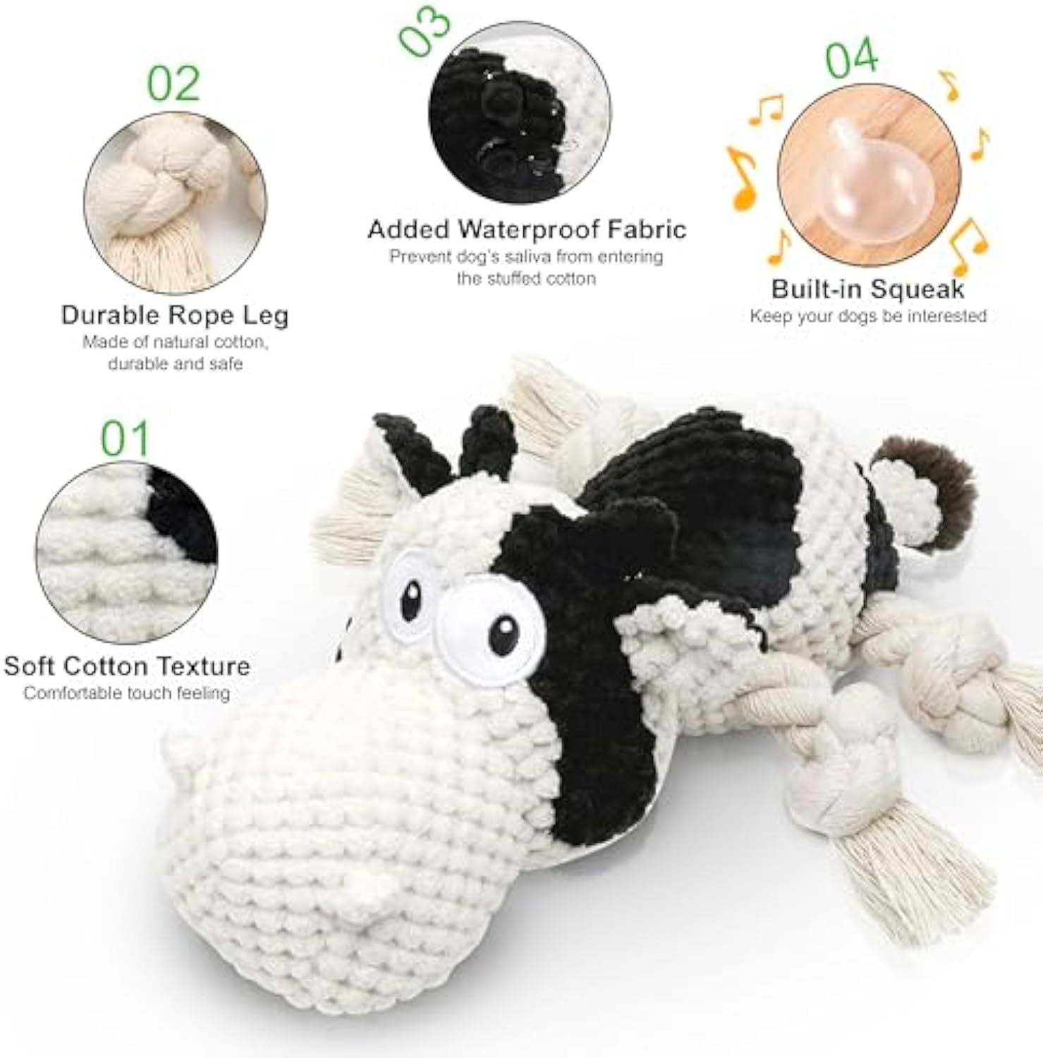 JMT-889418 Durable Cow Plush Dog Toy with Squeaker – Interactive Chew Toy for Small, Medium, and Large Dogs