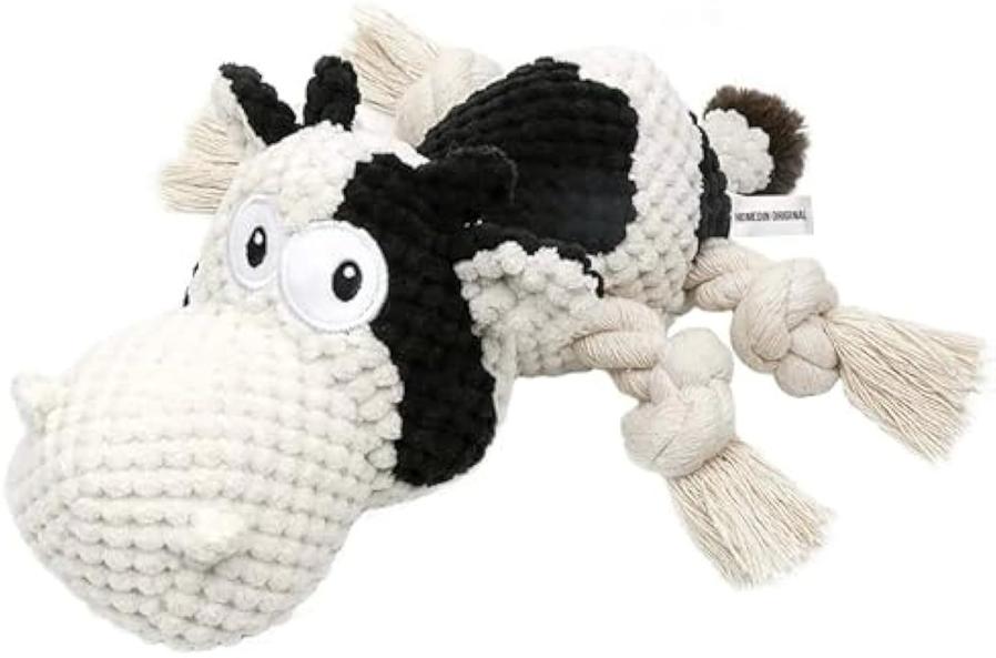 JMT-889418 Durable Cow Plush Dog Toy with Squeaker – Interactive Chew Toy for Small, Medium, and Large Dogs