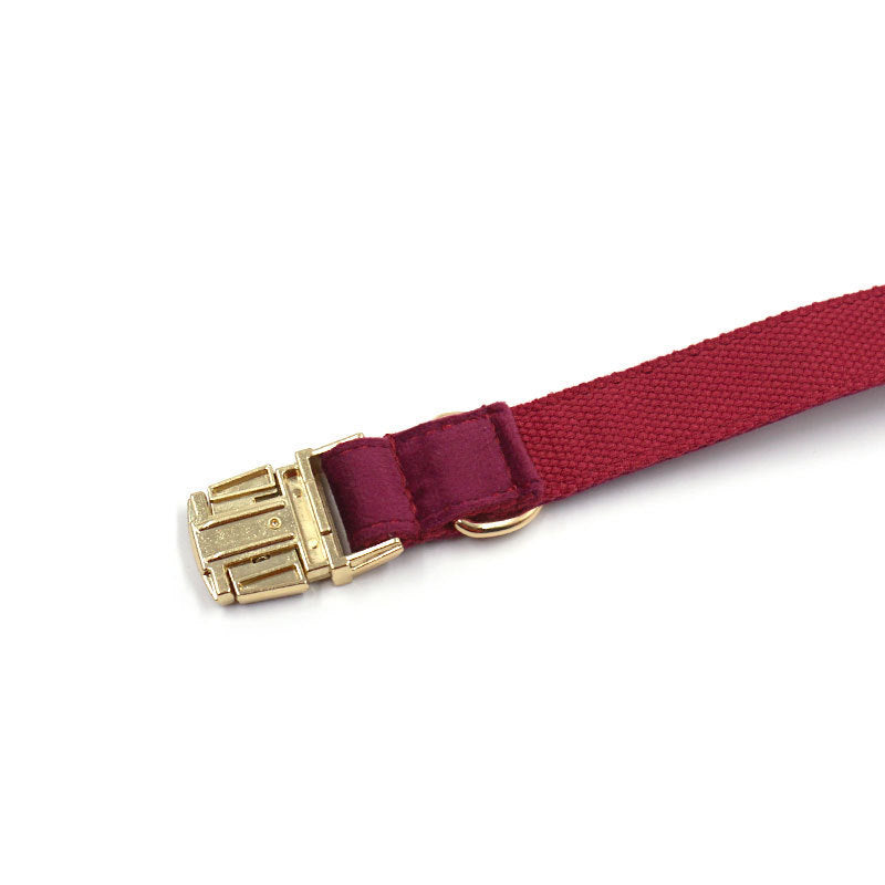 JMT-889610 Soft Burgundy Velvet Dog Collar with Engraved Gold Metal Clasp - Includes Bow Tie and Leash