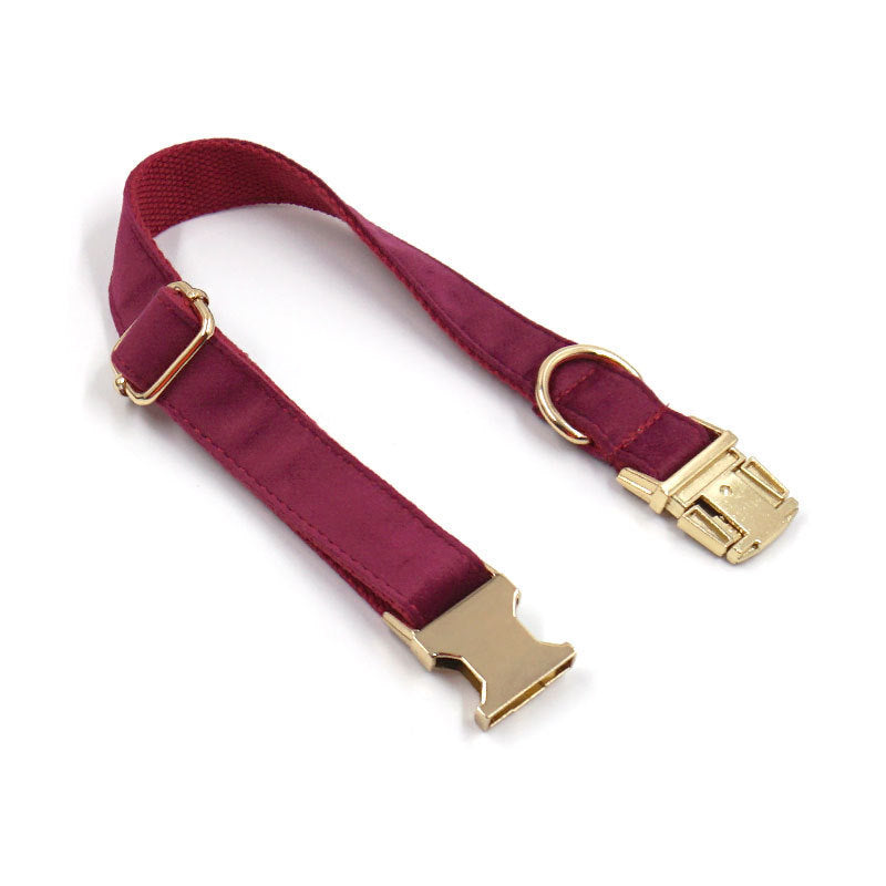JMT-889610 Soft Burgundy Velvet Dog Collar with Engraved Gold Metal Clasp - Includes Bow Tie and Leash