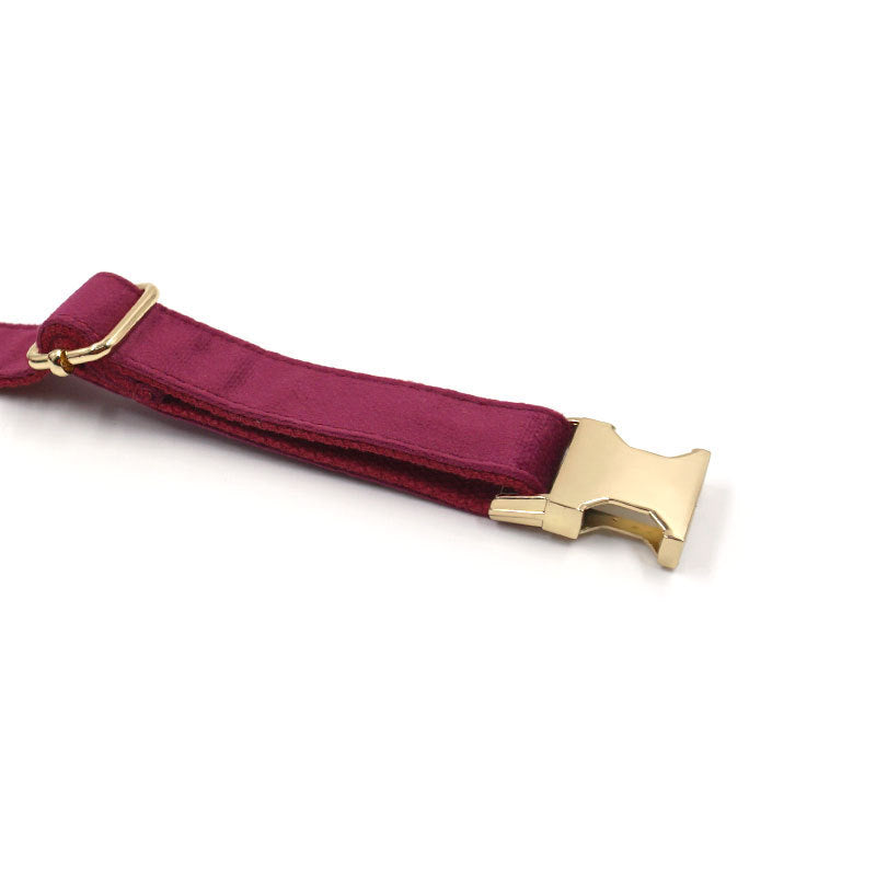JMT-889610 Soft Burgundy Velvet Dog Collar with Engraved Gold Metal Clasp - Includes Bow Tie and Leash