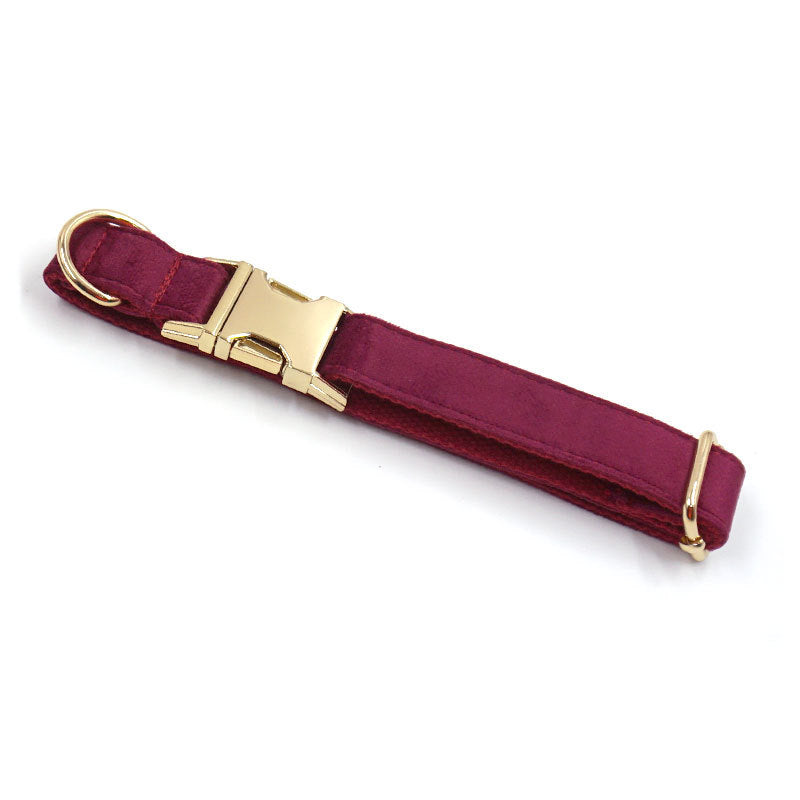 JMT-889610 Soft Burgundy Velvet Dog Collar with Engraved Gold Metal Clasp - Includes Bow Tie and Leash