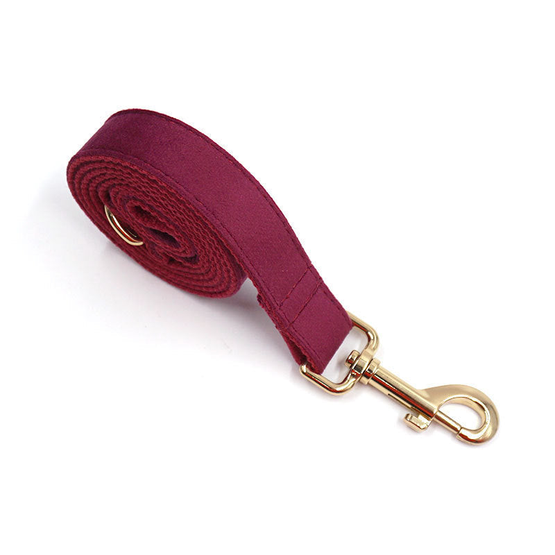 JMT-889610 Soft Burgundy Velvet Dog Collar with Engraved Gold Metal Clasp - Includes Bow Tie and Leash