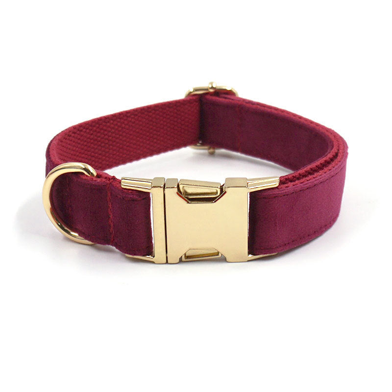 JMT-889610 Soft Burgundy Velvet Dog Collar with Engraved Gold Metal Clasp - Includes Bow Tie and Leash