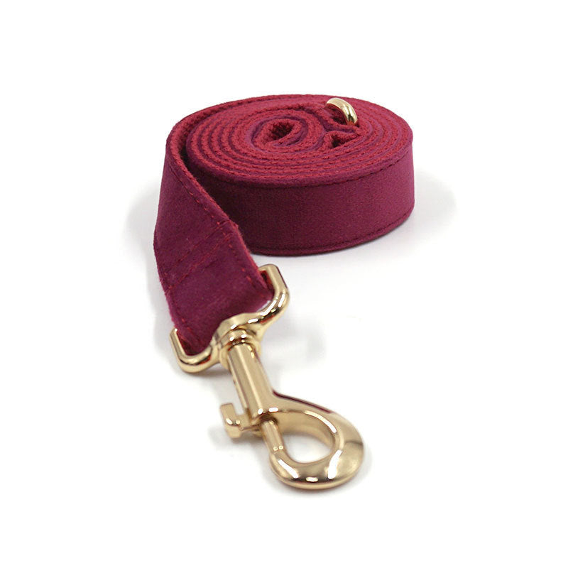 JMT-889610 Soft Burgundy Velvet Dog Collar with Engraved Gold Metal Clasp - Includes Bow Tie and Leash