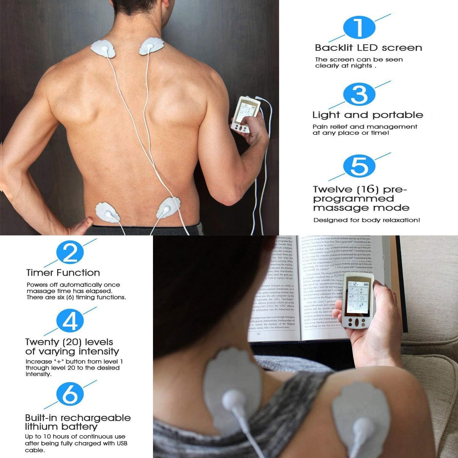 JMT-890826 Double 16 Mode Rechargeable TENS Neck Massager for Head, Neck, Back, and Legs