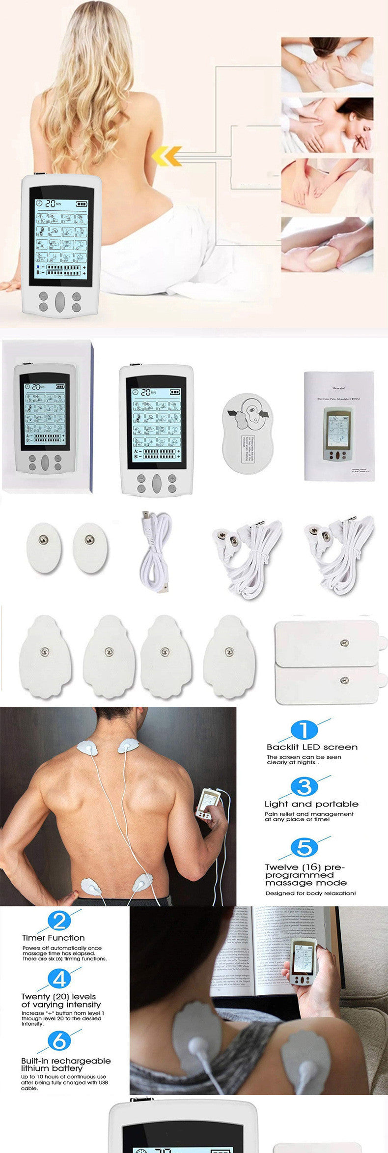 JMT-890826 Double 16 Mode Rechargeable TENS Neck Massager for Head, Neck, Back, and Legs