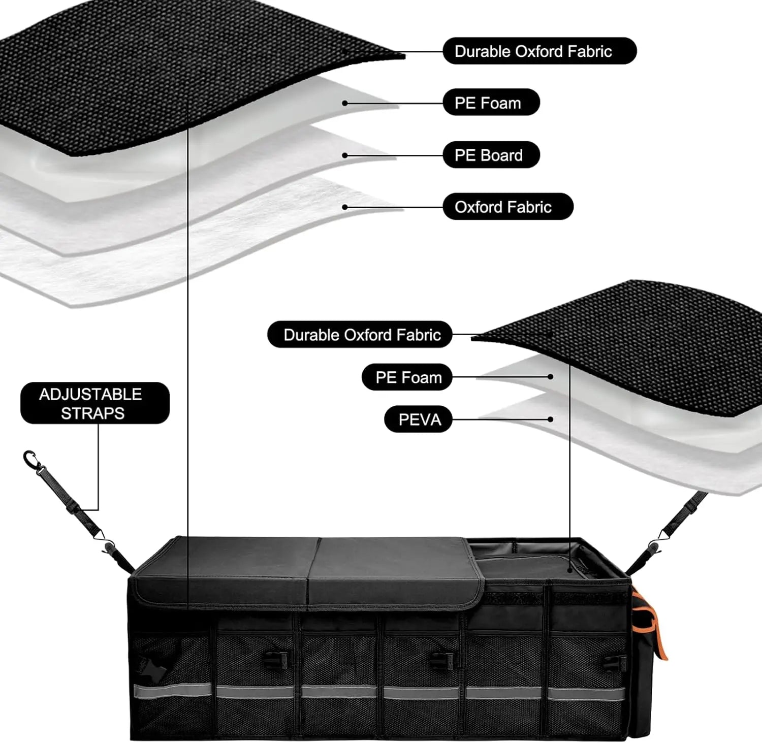 JMT-891210 Collapsible Large Trunk Organiser with 6 Removable Dividers and Cover for SUVs