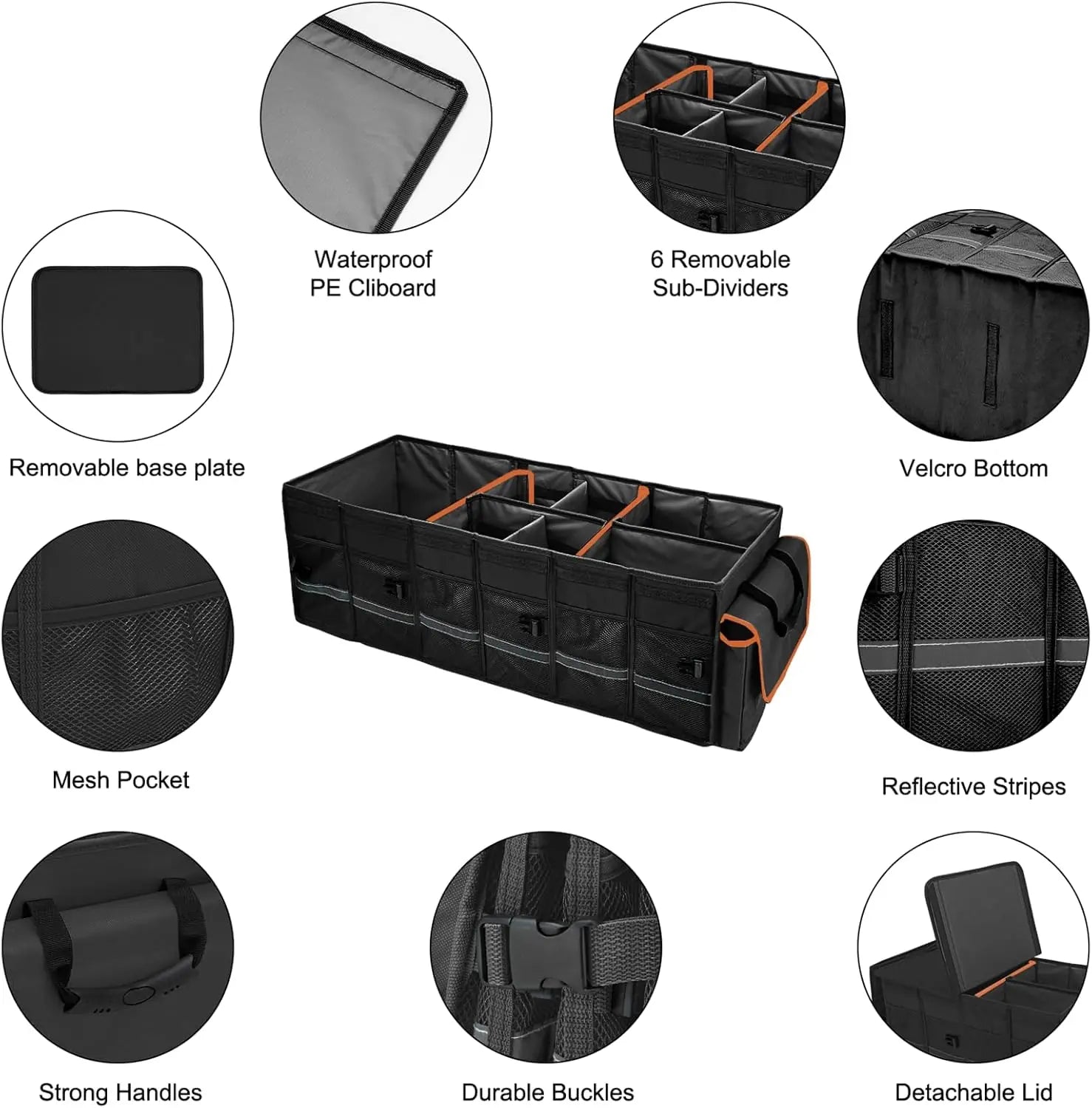 JMT-891210 Collapsible Large Trunk Organiser with 6 Removable Dividers and Cover for SUVs
