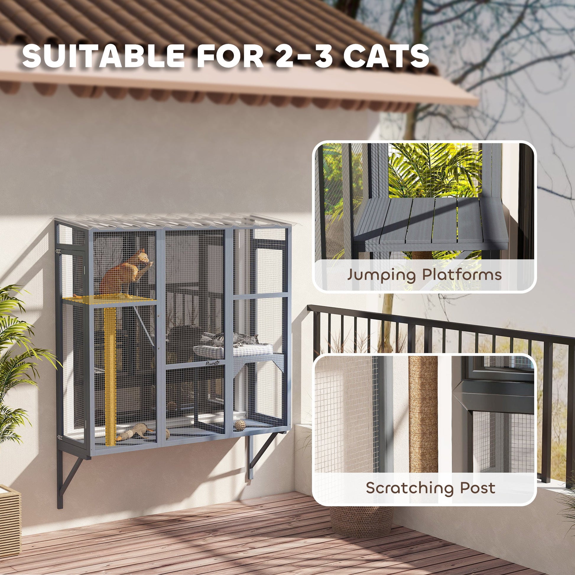 JMT-891594 Outdoor Cat Enclosure with Two Platforms and Scratching Post for 2-3 Large Indoor Cats, Safety Net Included