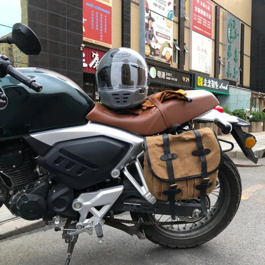 JMT-892106 Custom Waxed Canvas Motorcycle Side Bag - Adventure Dry Pack, Vintage Design, Zipper Closure, 9.6L Capacity
