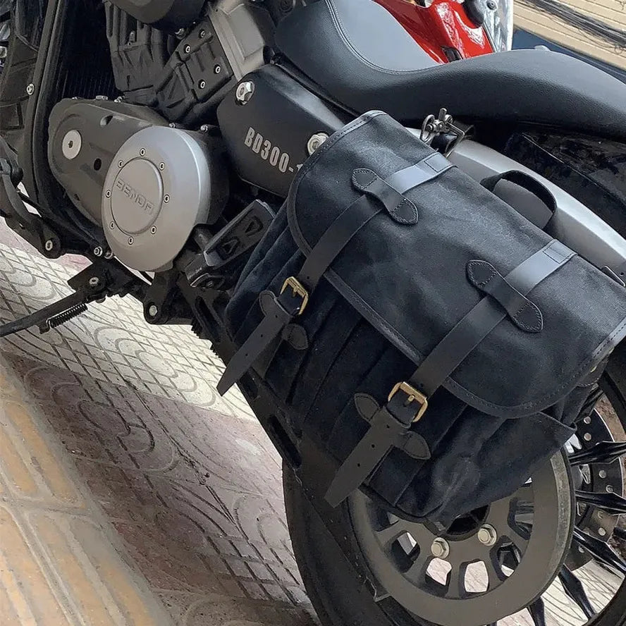 JMT-892106 Custom Waxed Canvas Motorcycle Side Bag - Adventure Dry Pack, Vintage Design, Zipper Closure, 9.6L Capacity