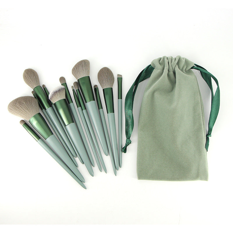 JMT-894154 Green Wooden Handle Quick-Drying Soft Fur Makeup Brush Set - 13-Piece with Storage Bag
