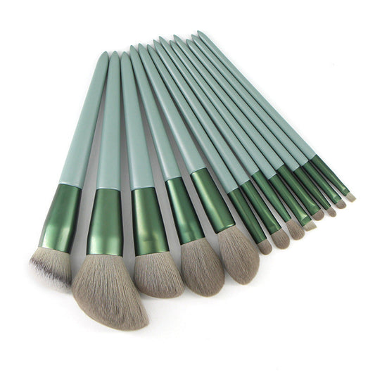 JMT-894154 Green Wooden Handle Quick-Drying Soft Fur Makeup Brush Set - 13-Piece with Storage Bag