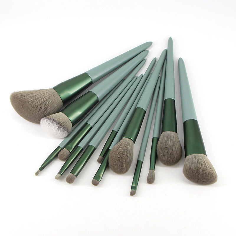 JMT-894154 Green Wooden Handle Quick-Drying Soft Fur Makeup Brush Set - 13-Piece with Storage Bag
