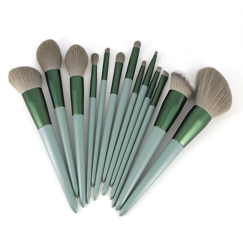 JMT-894154 Green Wooden Handle Quick-Drying Soft Fur Makeup Brush Set - 13-Piece with Storage Bag