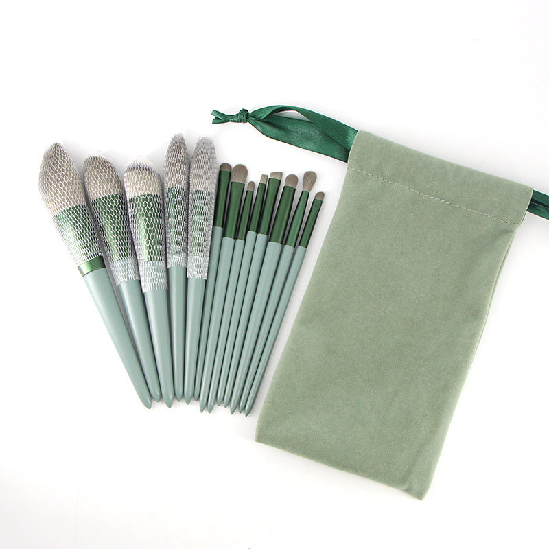 JMT-894154 Green Wooden Handle Quick-Drying Soft Fur Makeup Brush Set - 13-Piece with Storage Bag