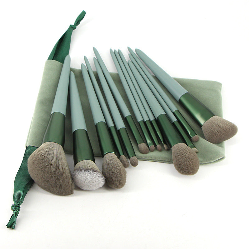 JMT-894154 Green Wooden Handle Quick-Drying Soft Fur Makeup Brush Set - 13-Piece with Storage Bag