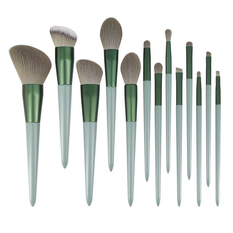 JMT-894154 Green Wooden Handle Quick-Drying Soft Fur Makeup Brush Set - 13-Piece with Storage Bag