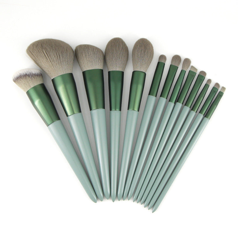JMT-894154 Green Wooden Handle Quick-Drying Soft Fur Makeup Brush Set - 13-Piece with Storage Bag