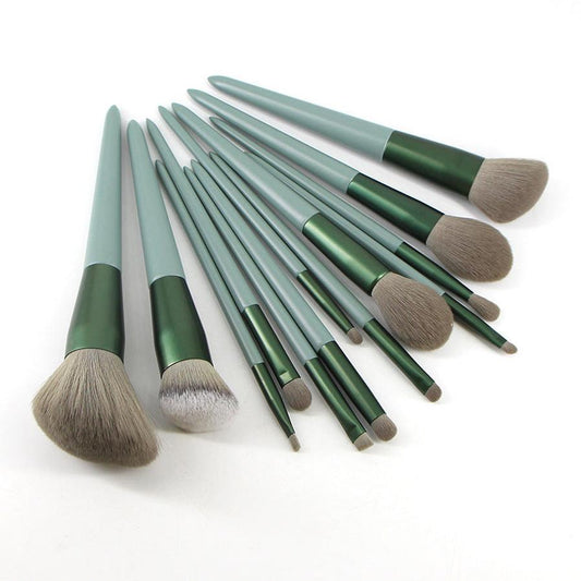 JMT-894154 Green Wooden Handle Quick-Drying Soft Fur Makeup Brush Set - 13-Piece with Storage Bag