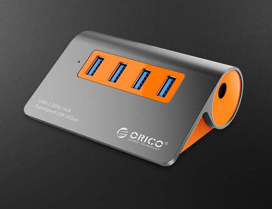 JMT-894666 Aluminum Alloy Laptop Hub with 4 USB 3.1 Ports and Power Supply in Dark Gray and Orange