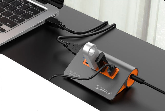 JMT-894666 Aluminum Alloy Laptop Hub with 4 USB 3.1 Ports and Power Supply in Dark Gray and Orange