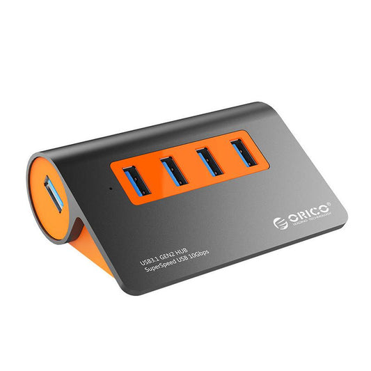 JMT-894666 Aluminum Alloy Laptop Hub with 4 USB 3.1 Ports and Power Supply in Dark Gray and Orange