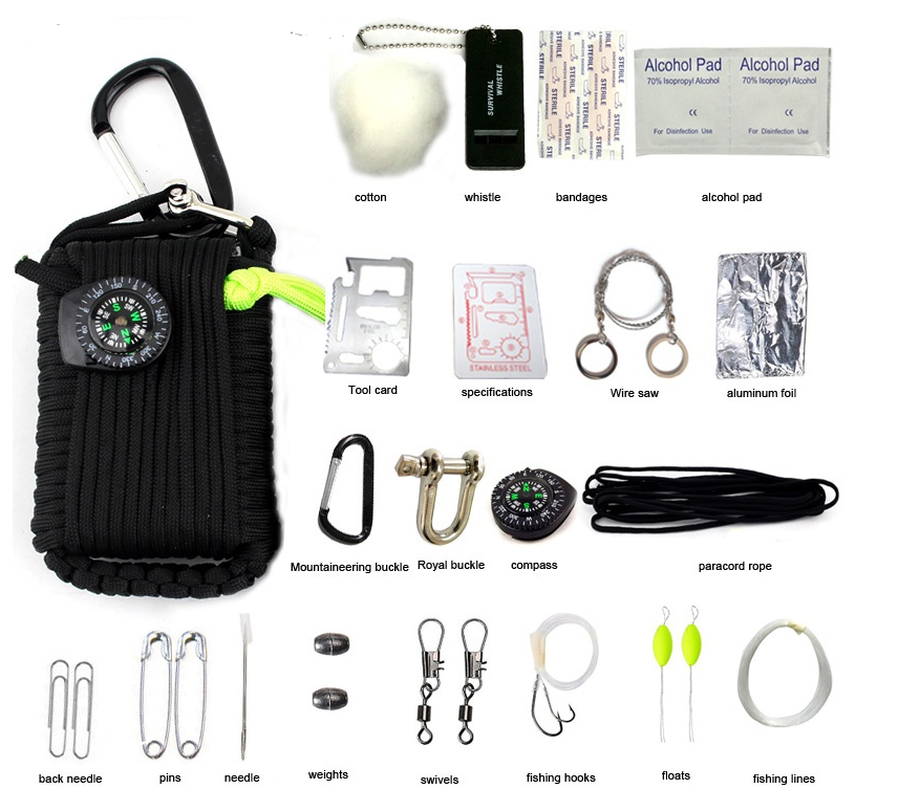 JMT-898378 Emergency Outdoor Survival Kit with Climbing Rope, Hand-Woven Camping Bag, and Equipment Umbrella