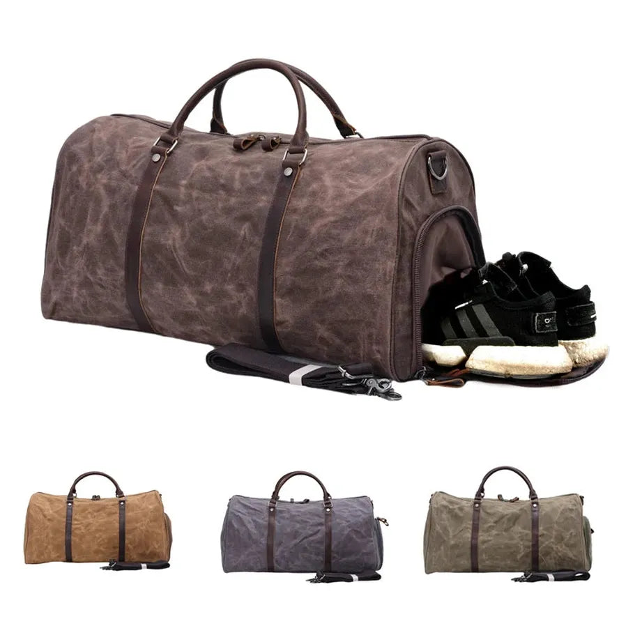 JMT-899018 Vintage Style Waterproof Waxed Canvas Duffel Bag with Shoe Compartment