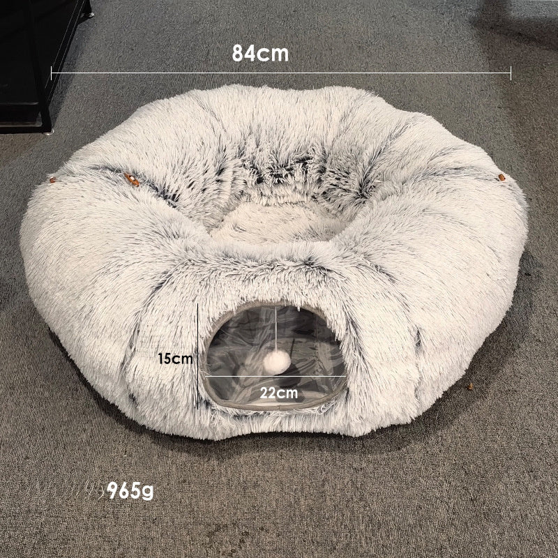 JMT-899466 Spacious Cat Tunnel Bed with Washable Mat for Indoor Pets - Furry Play Tube for Cats and Small Animals, Grey