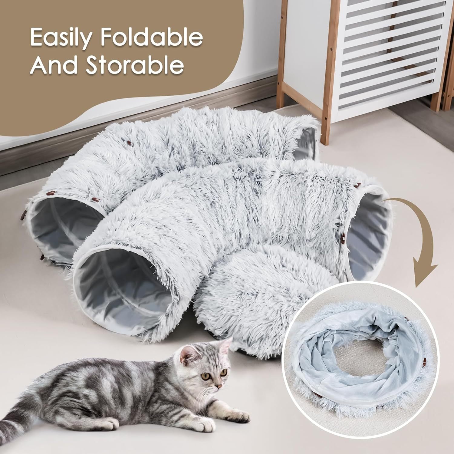 JMT-899466 Spacious Cat Tunnel Bed with Washable Mat for Indoor Pets - Furry Play Tube for Cats and Small Animals, Grey