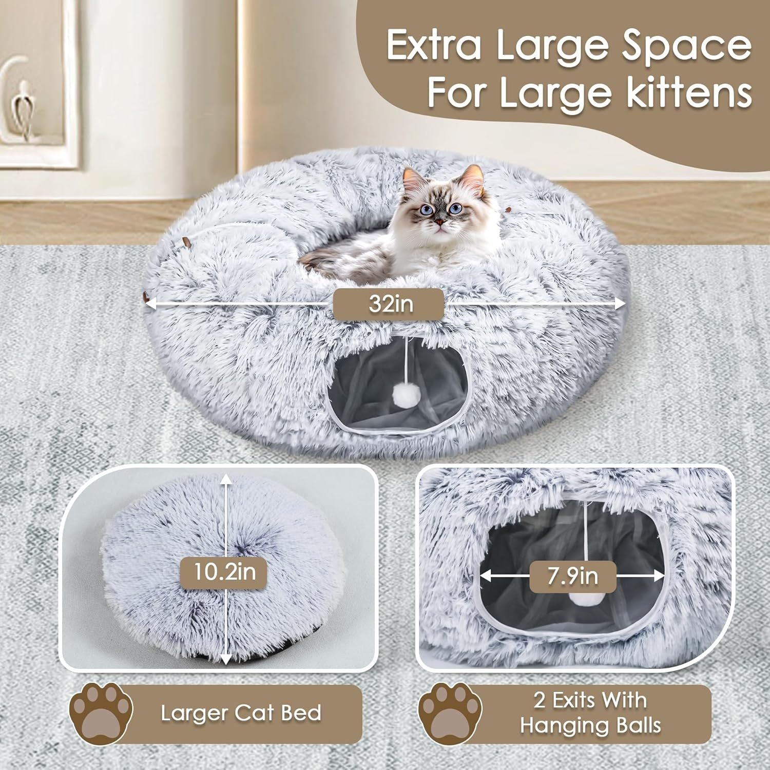 JMT-899466 Spacious Cat Tunnel Bed with Washable Mat for Indoor Pets - Furry Play Tube for Cats and Small Animals, Grey