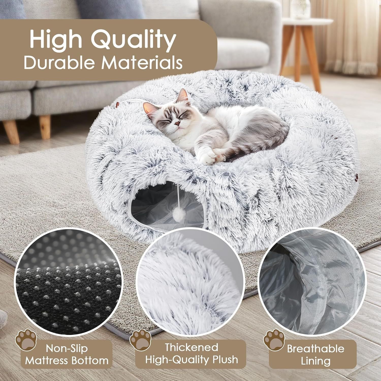 JMT-899466 Spacious Cat Tunnel Bed with Washable Mat for Indoor Pets - Furry Play Tube for Cats and Small Animals, Grey