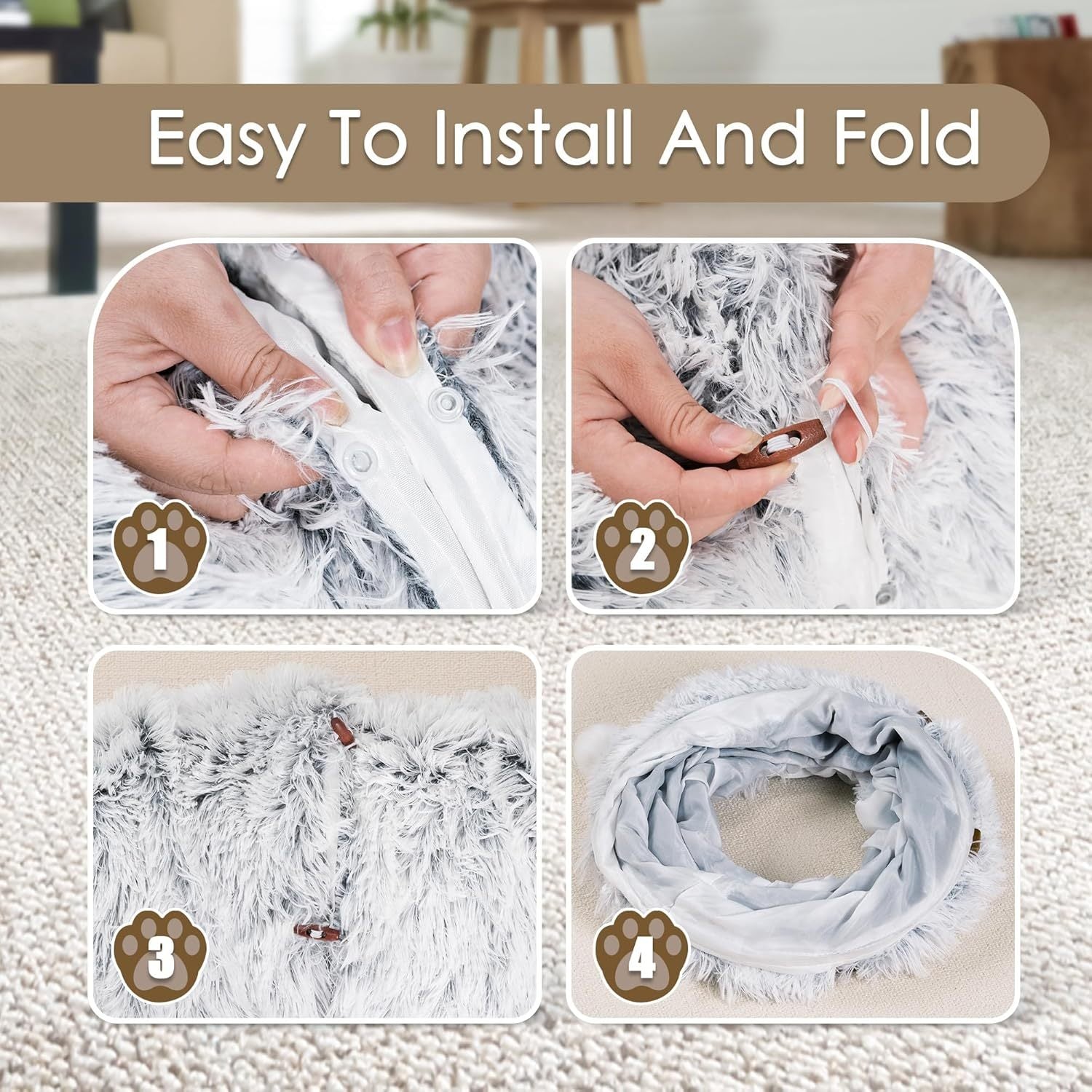 JMT-899466 Spacious Cat Tunnel Bed with Washable Mat for Indoor Pets - Furry Play Tube for Cats and Small Animals, Grey