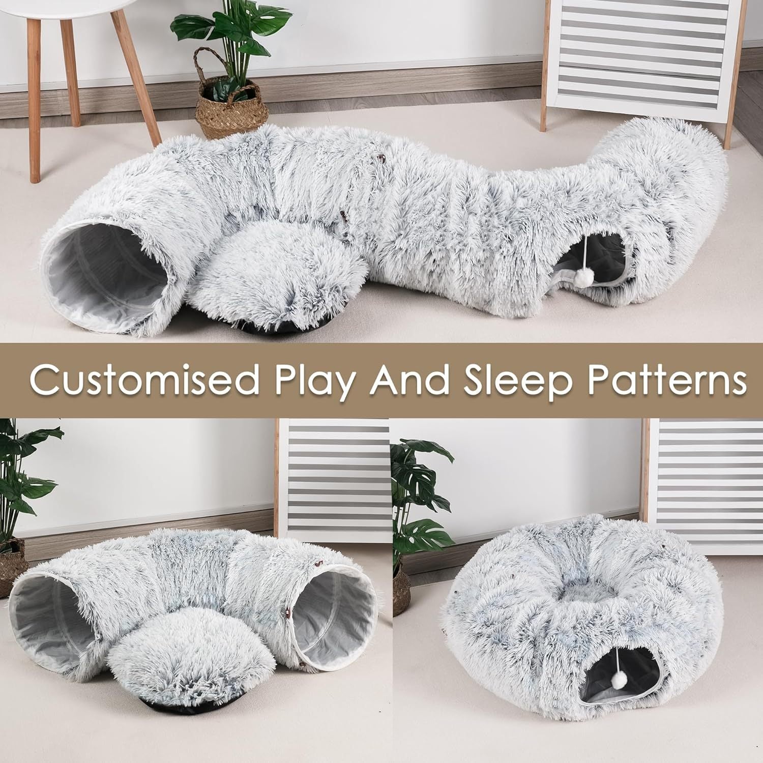 JMT-899466 Spacious Cat Tunnel Bed with Washable Mat for Indoor Pets - Furry Play Tube for Cats and Small Animals, Grey