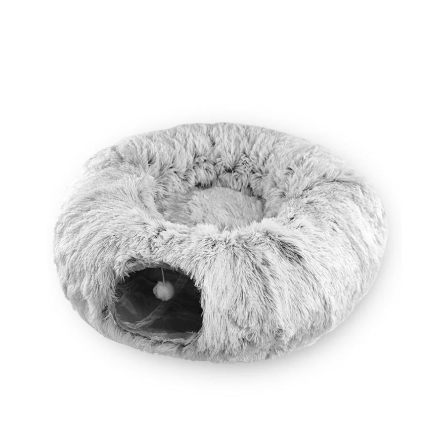 JMT-899466 Spacious Cat Tunnel Bed with Washable Mat for Indoor Pets - Furry Play Tube for Cats and Small Animals, Grey
