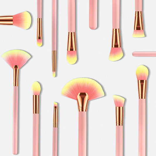 JMT-899914 12-Piece Pink Makeup Brush Set with Nylon Wool Bristles and Wooden Handles