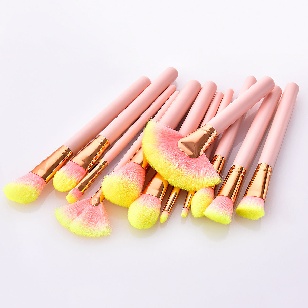 JMT-899914 12-Piece Pink Makeup Brush Set with Nylon Wool Bristles and Wooden Handles